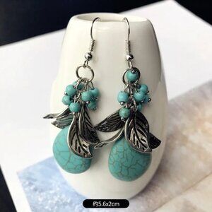 2/$24 Turquoise Teardrop Dangle Earrings With Silver Leaf & Bead Accents